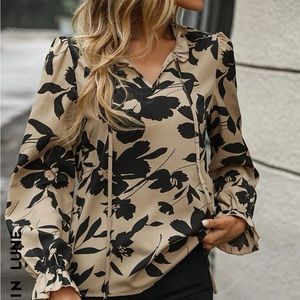 SHEIN LUNE Floral Print Tie Neck Flounce Sleeve Frill Trim Blouse